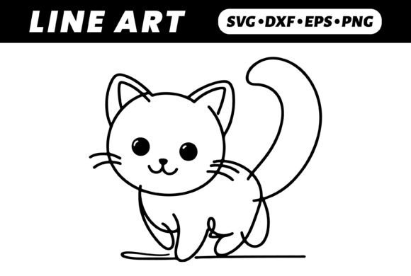 Cute Cartoon Cat Line Art Illustration