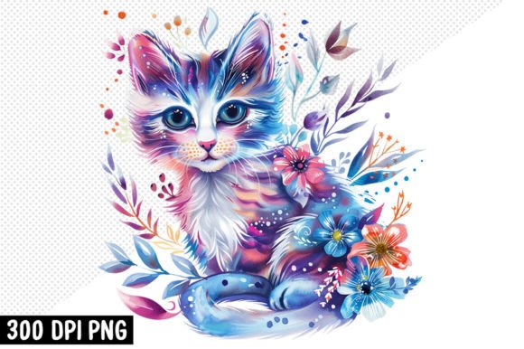 Cute Cat with Flowers Clipart PNG Design