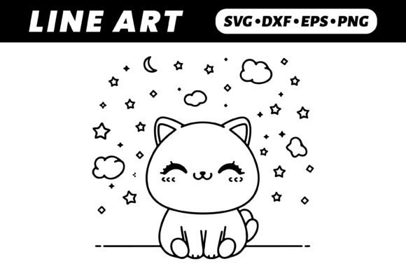 Cute Kawaii Cat Night Sky Coloring Page