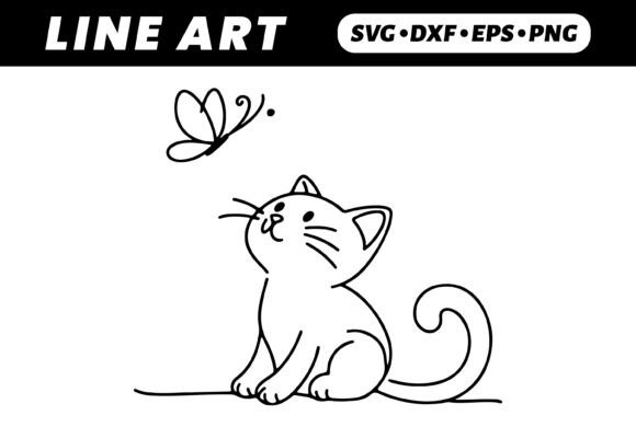 Cute Kitten Watching Butterfly, Line Art