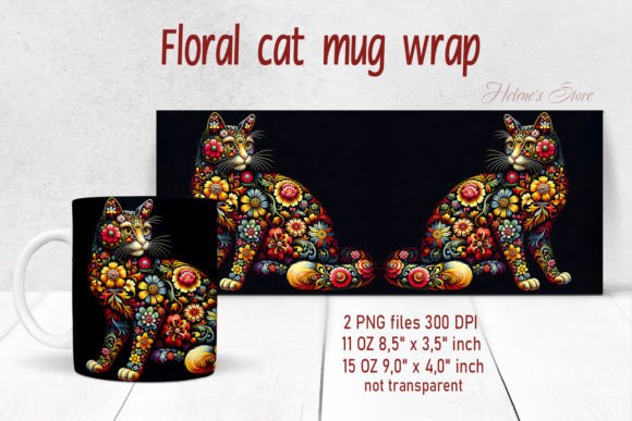 Flowers Cat Mug Wrap Sublimation Designs