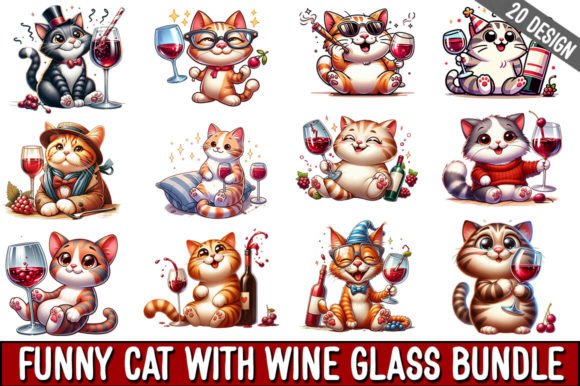 Funny Cat and Wine Glass Clipart Bundle