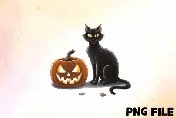 Halloween Black Cat with Pumpkin PNG