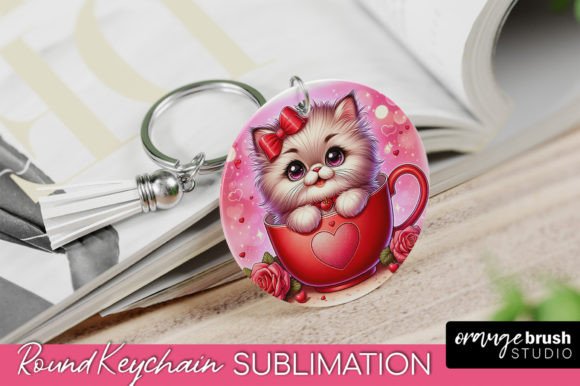 Valentine Cat Keychain – Round PNG