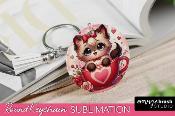 Valentine Cat Sublimation Round Keychain