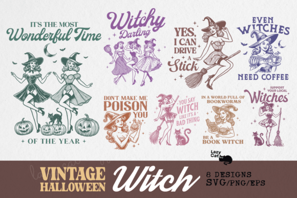 Vintage Halloween Witch SVG PNG Bundle