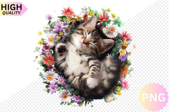 Watercolor Sleepy Floral Cat Sublimation