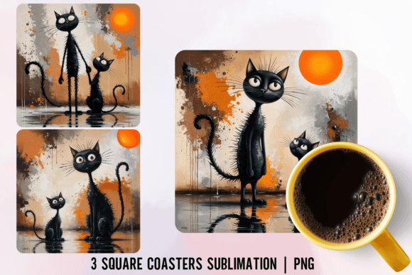 Whimsical Black Cat Square Coaster